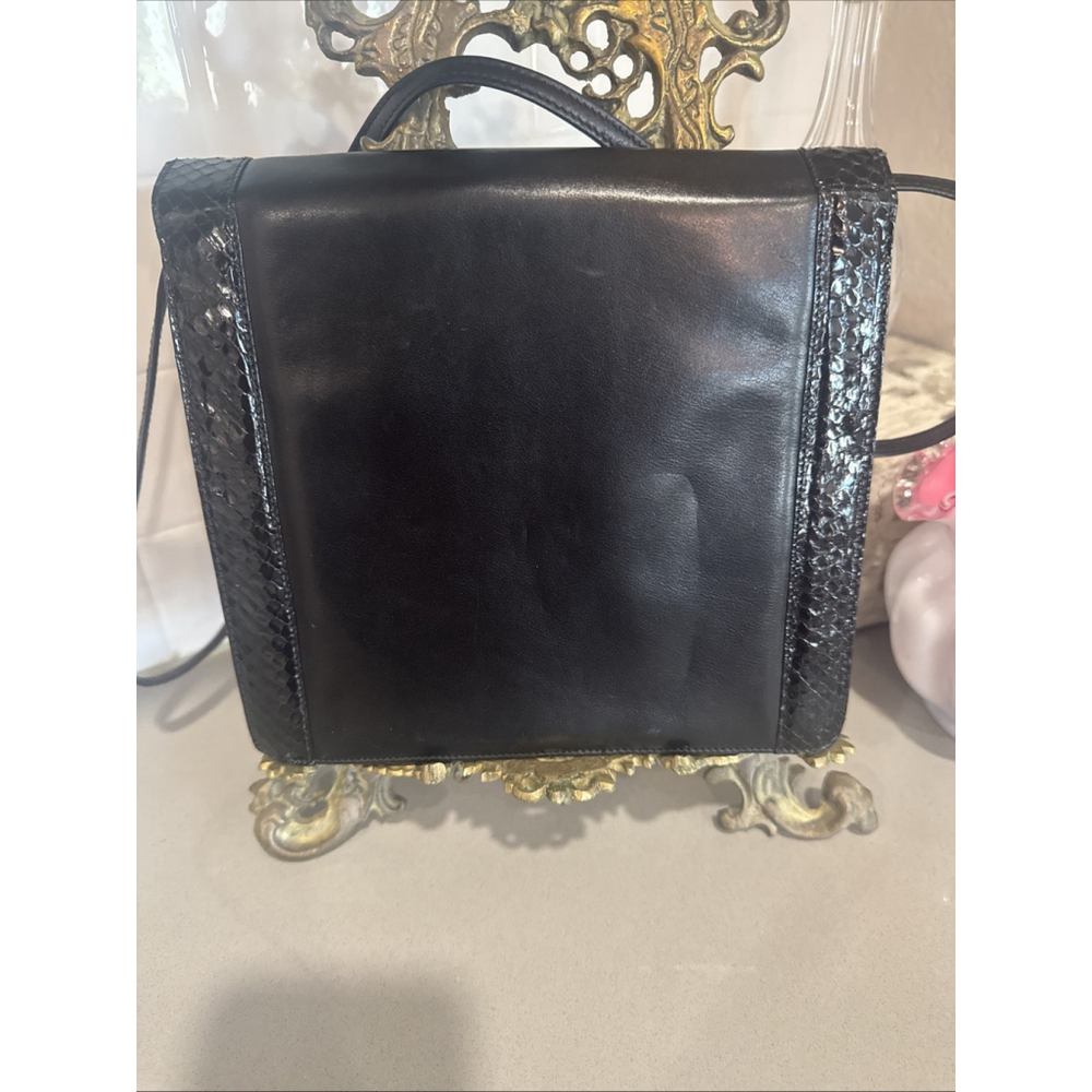 Vintage Valentino Garavani Black Leather Python Trim Top Handle Bag Italy - Picture 4 of 11